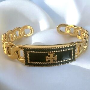 New Auth Tory Burch Milgrain Logo Black & Gold Chain Link Cuff Bangle with Tags